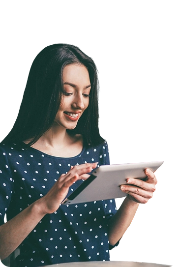 Smiling woman using a tablet, representing a satisfied client interacting with a custom WordPress website by WP Services.