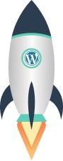 Rocket illustration with WordPress logo symbolizing fast website launch and performance by WP Services.