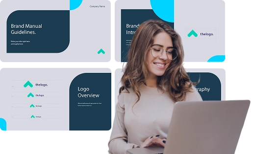 A woman smiling while working on a laptop, with brand manual guideline slides displayed in the background — representing branding and visual identity work by WP Services.