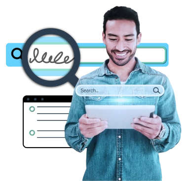 A smiling man using a tablet with illustrated search UI elements and digital interface icons — representing user experience and search functionality optimization by WP Services.