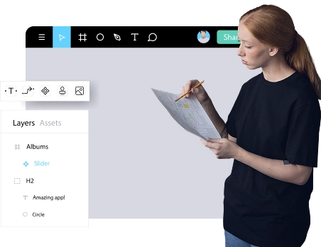 A designer reviewing a wireframe in front of a website interface screen, representing the UI/UX design process at WP Services.