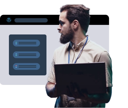 A technician holding a laptop, standing in front of a WordPress server interface graphic — representing hosting setup and site maintenance services by WP Services.